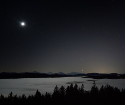 夜间山附近树木的轮廓